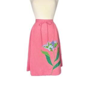70s The Pond hot pink cotton A-Line vintage wrap skirt flower applique‎